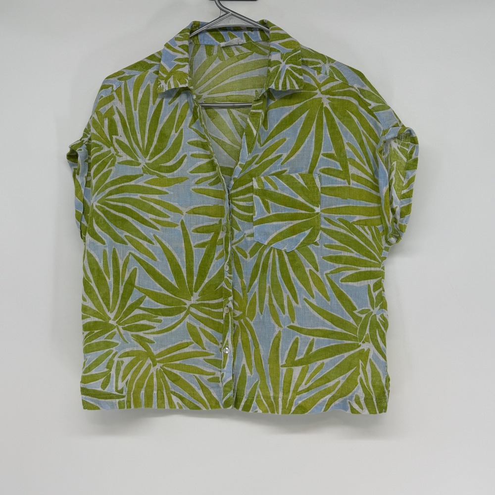 Sigrid Olsen Linen Tropical Boxy Button Up Shirt Sleeve Top Size M Vacation